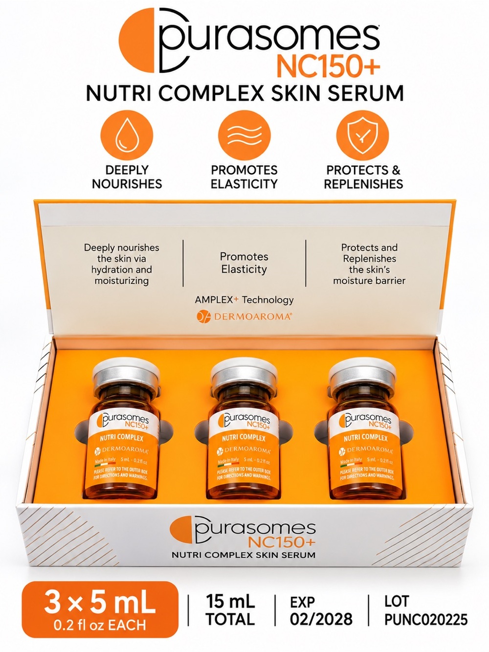 Purasomes NC150+ Nutri Complex Skin Serum 3 x 5mL 15mL EXP 02/2028 NEW
